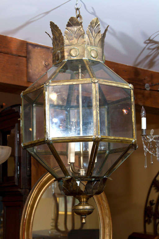 Lovely pair of antiqued copper octagonal glass encased lanterns, interior four-light chandelier newly outfitted, each $3800 or $7600 for the pair
